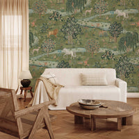 Owl & Willow by William Morris Wallpaper - Green Enchanted Forest Peel and Stick Mural - Clickwalls