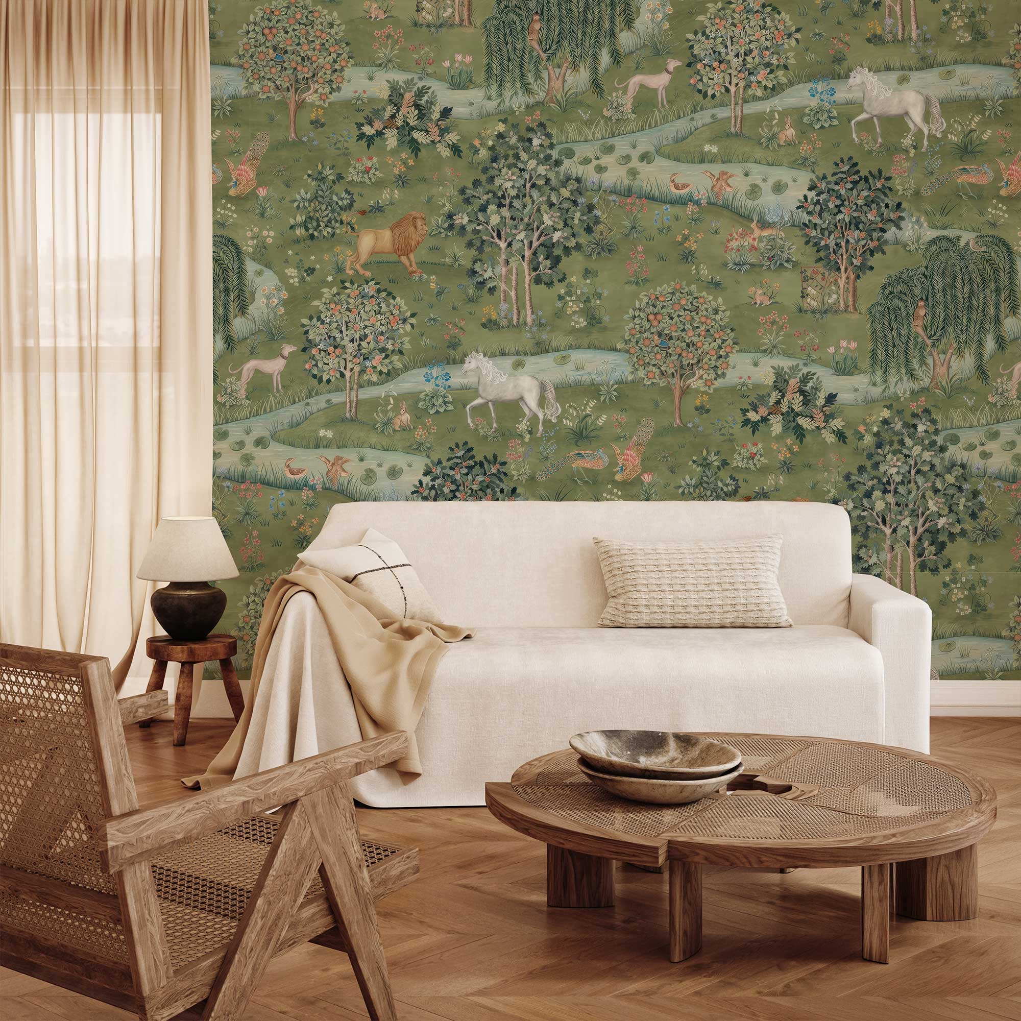 Owl & Willow by William Morris Wallpaper - Green Enchanted Forest Peel and Stick Mural - Clickwalls