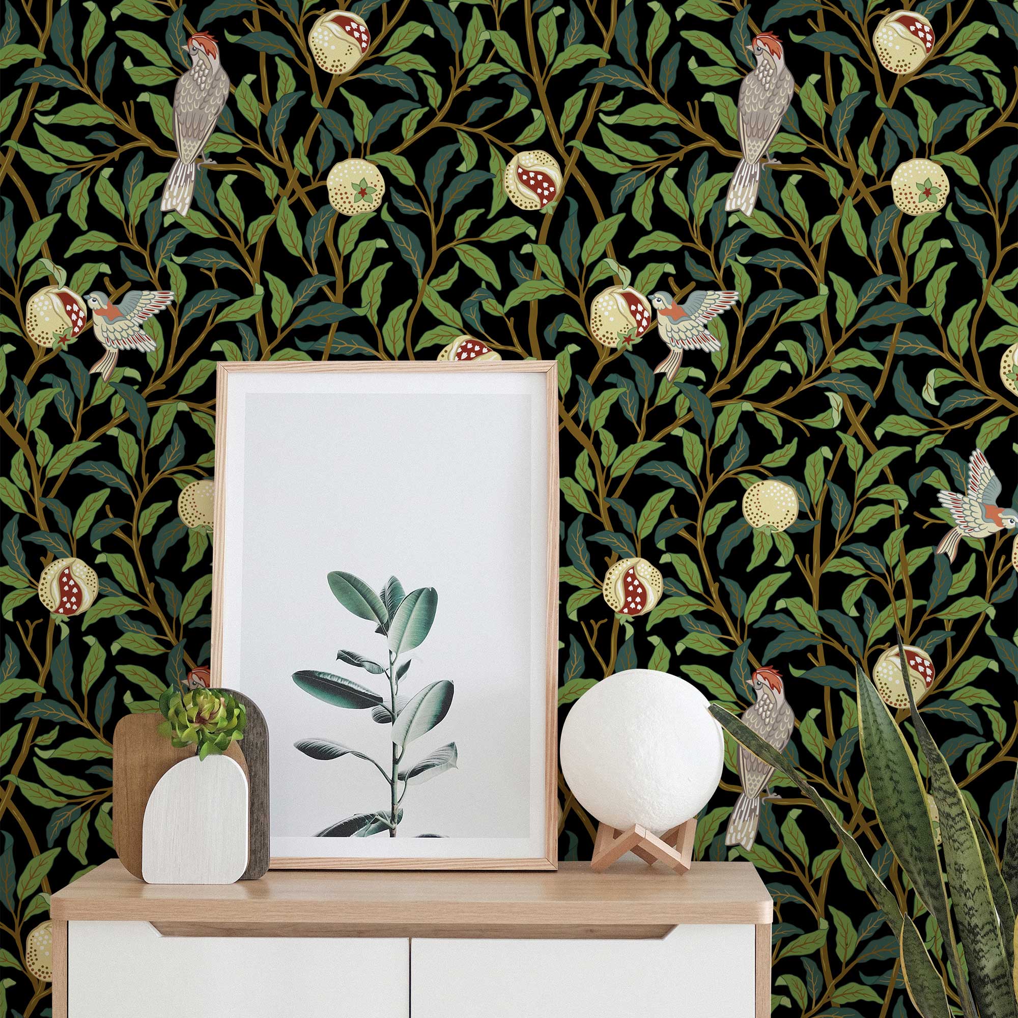 Bird & Pomegranate by William Morris Wallpaper - Vintage Botanical Peel and Stick Mural - Clickwalls