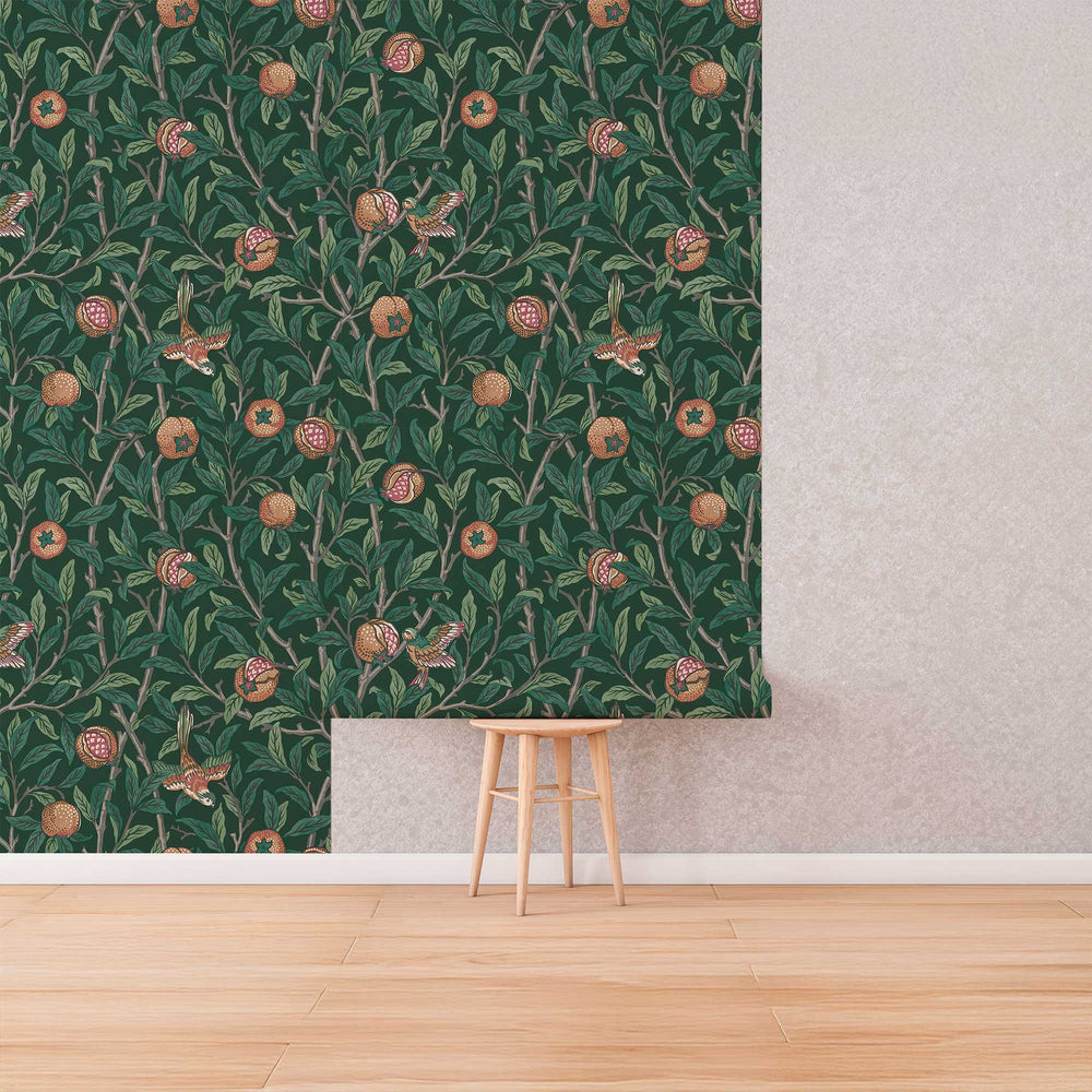Bird & Pomegranate by William Morris Wallpaper - Deep Green Peel and Stick Botanical Mural - Clickwalls