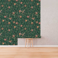 Bird & Pomegranate by William Morris Wallpaper - Deep Green Peel and Stick Botanical Mural - Clickwalls