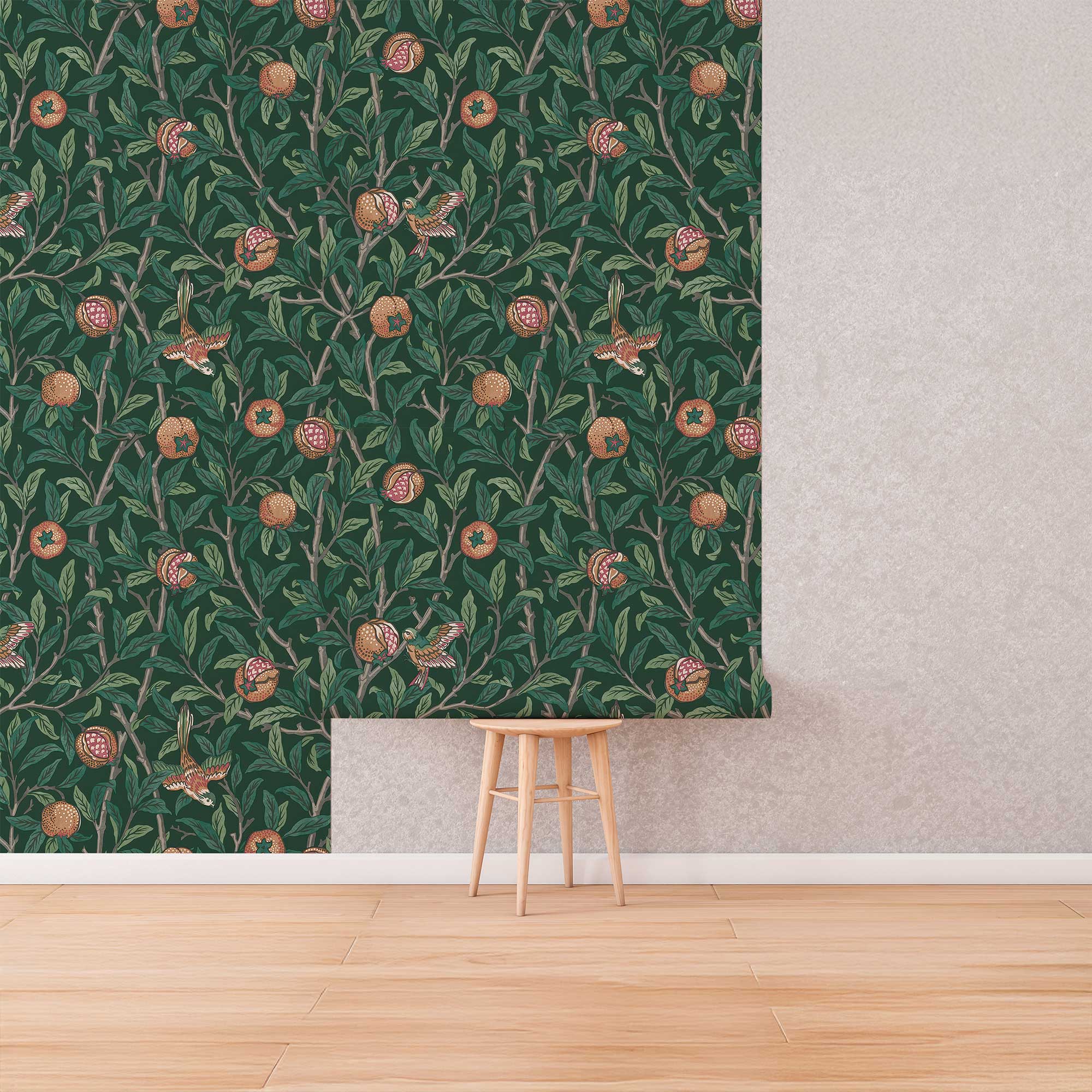 Bird & Pomegranate by William Morris Wallpaper - Deep Green Peel and Stick Botanical Mural - Clickwalls