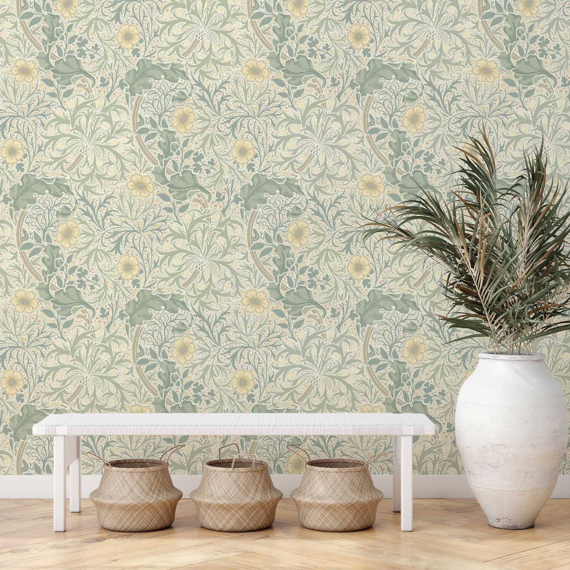 Seaweed by William Morris Wallpaper - Privet Green & Marigold Peel and Stick Mural - Clickwalls