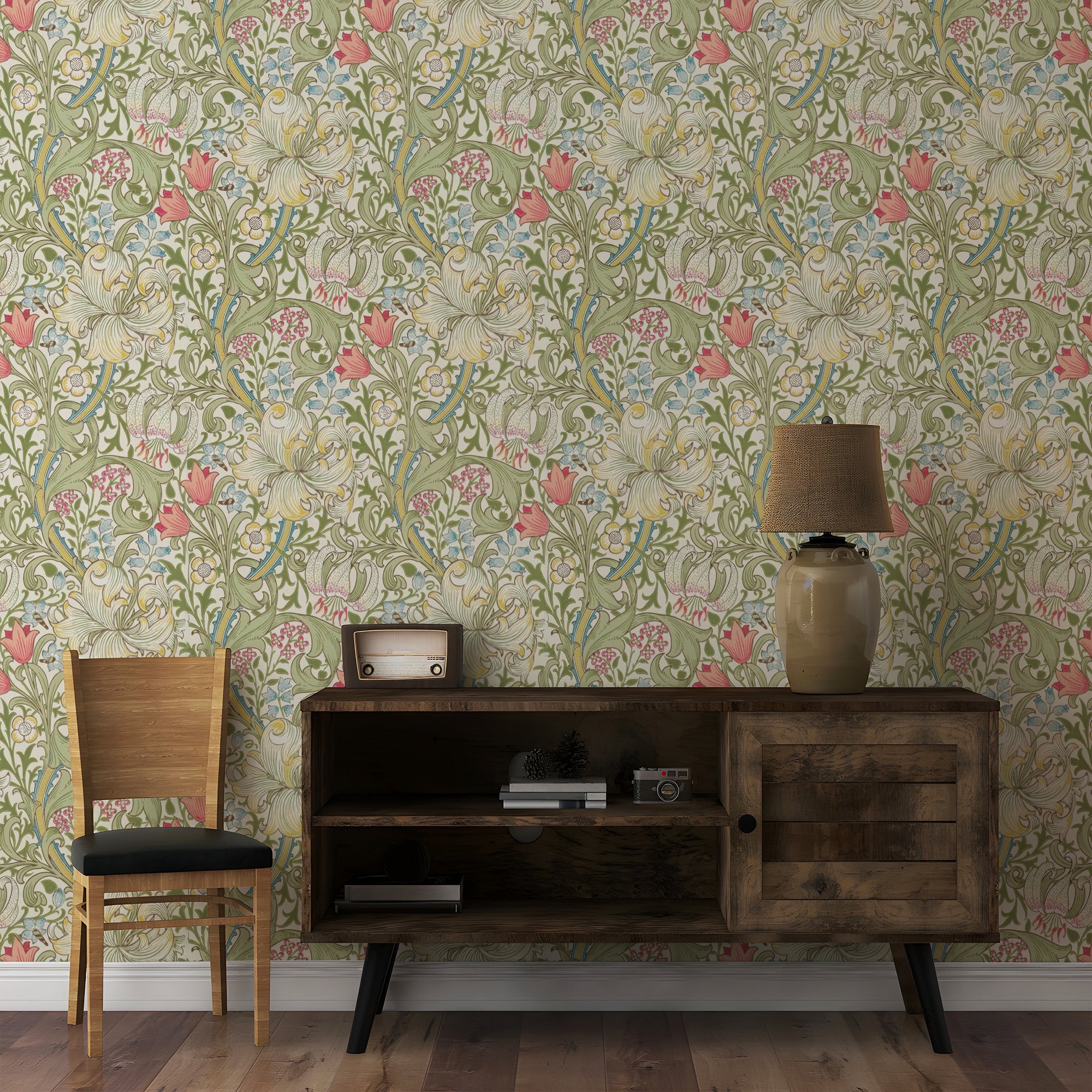 Golden Lily by William Morris Wallpaper - Navy & Gold Peel and Stick Botanical Mural - Clickwalls