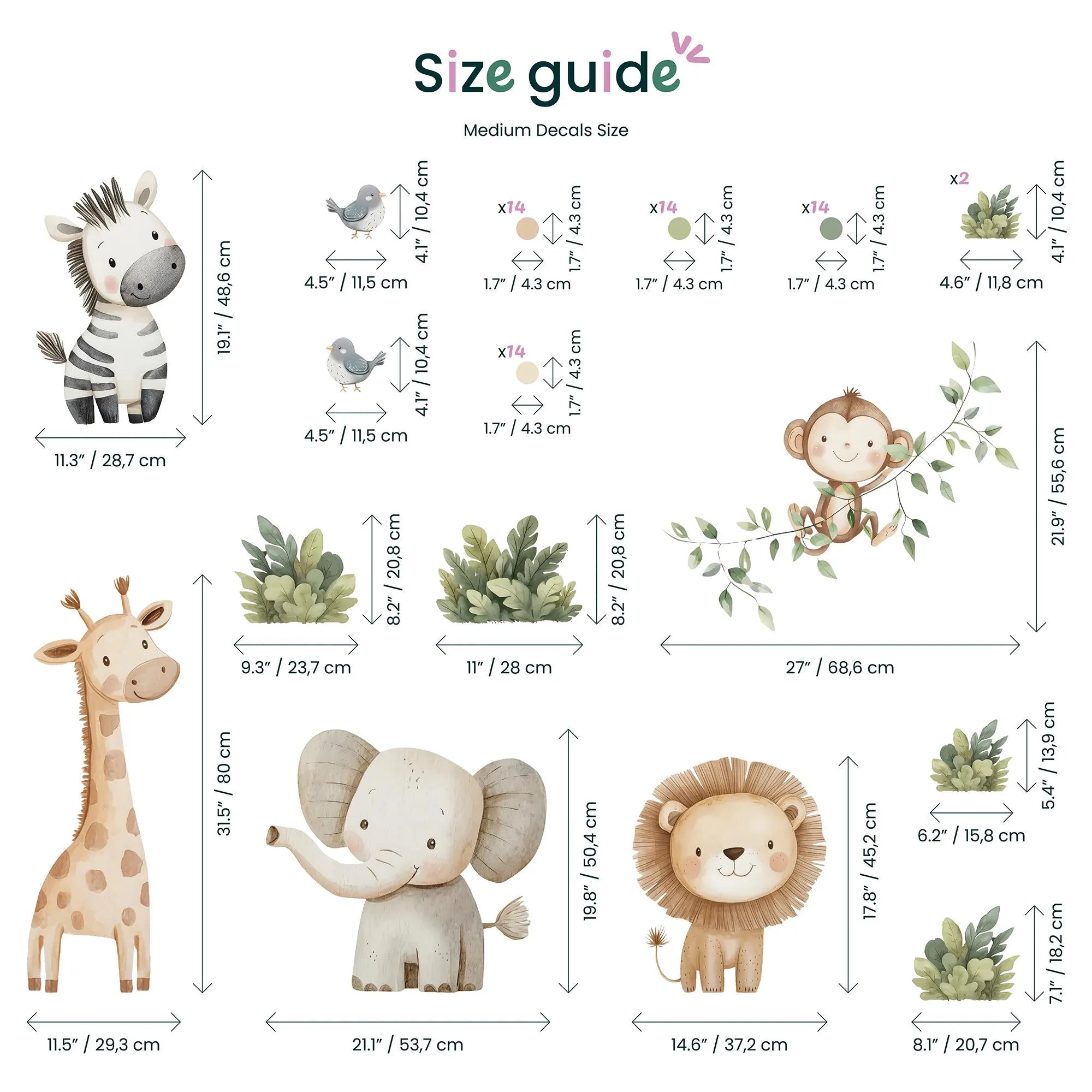 Watercolor Safari Animals Wall Decals, Removable Nursery Decor