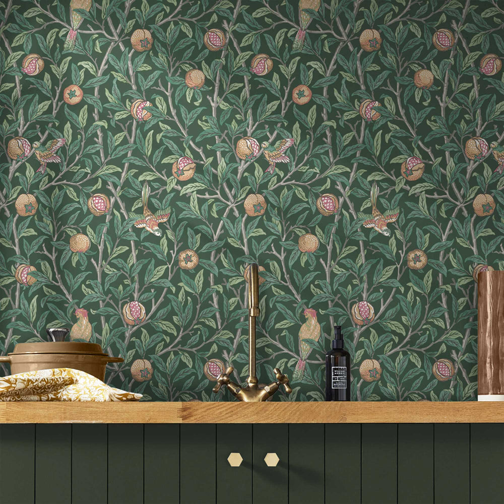 Bird & Pomegranate by William Morris Wallpaper - Deep Green Peel and Stick Botanical Mural - Clickwalls