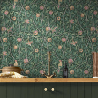 Bird & Pomegranate by William Morris Wallpaper - Deep Green Peel and Stick Botanical Mural - Clickwalls
