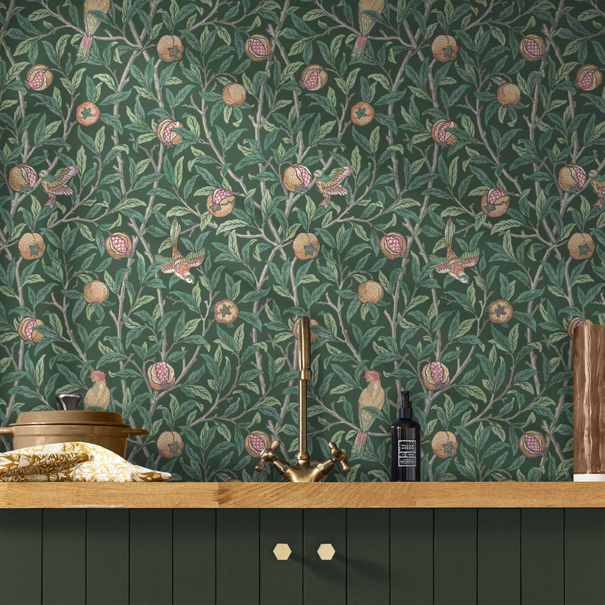 Bird & Pomegranate by William Morris Wallpaper - Deep Green Peel and Stick Botanical Mural - Clickwalls