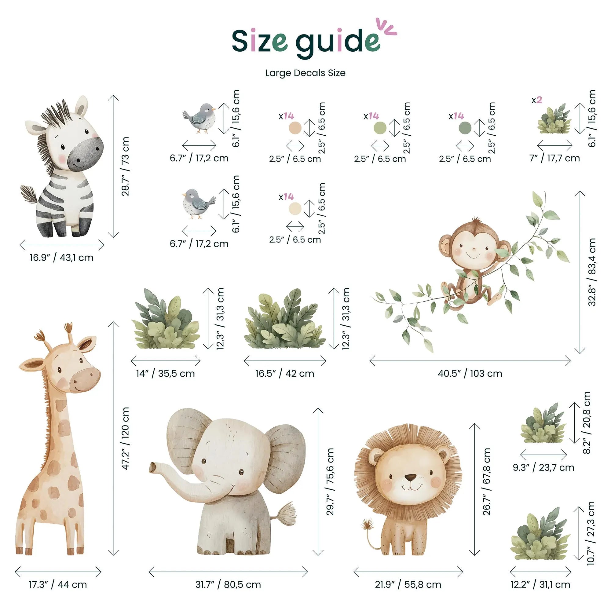 Watercolor Safari Animals Wall Decals, Removable Nursery Decor