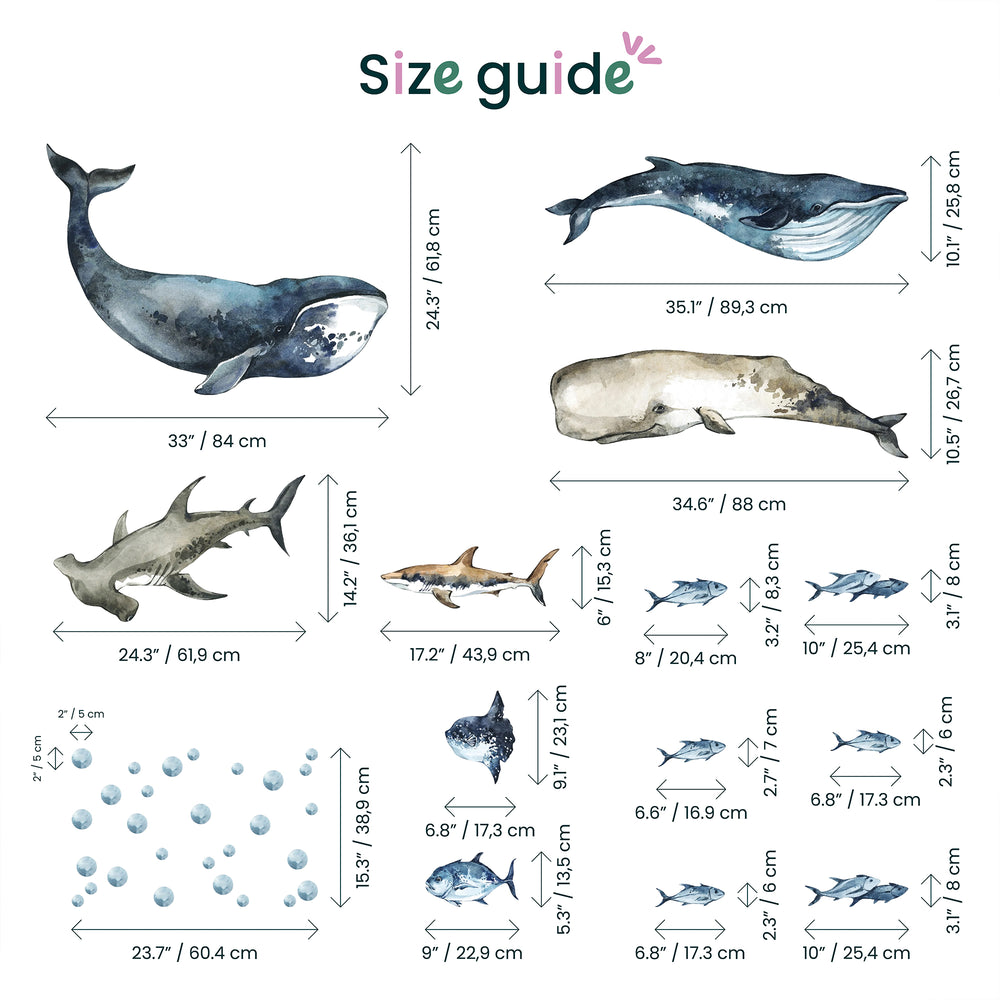 Size guide chart for various whale and shark models with dimensions in centimeters.
