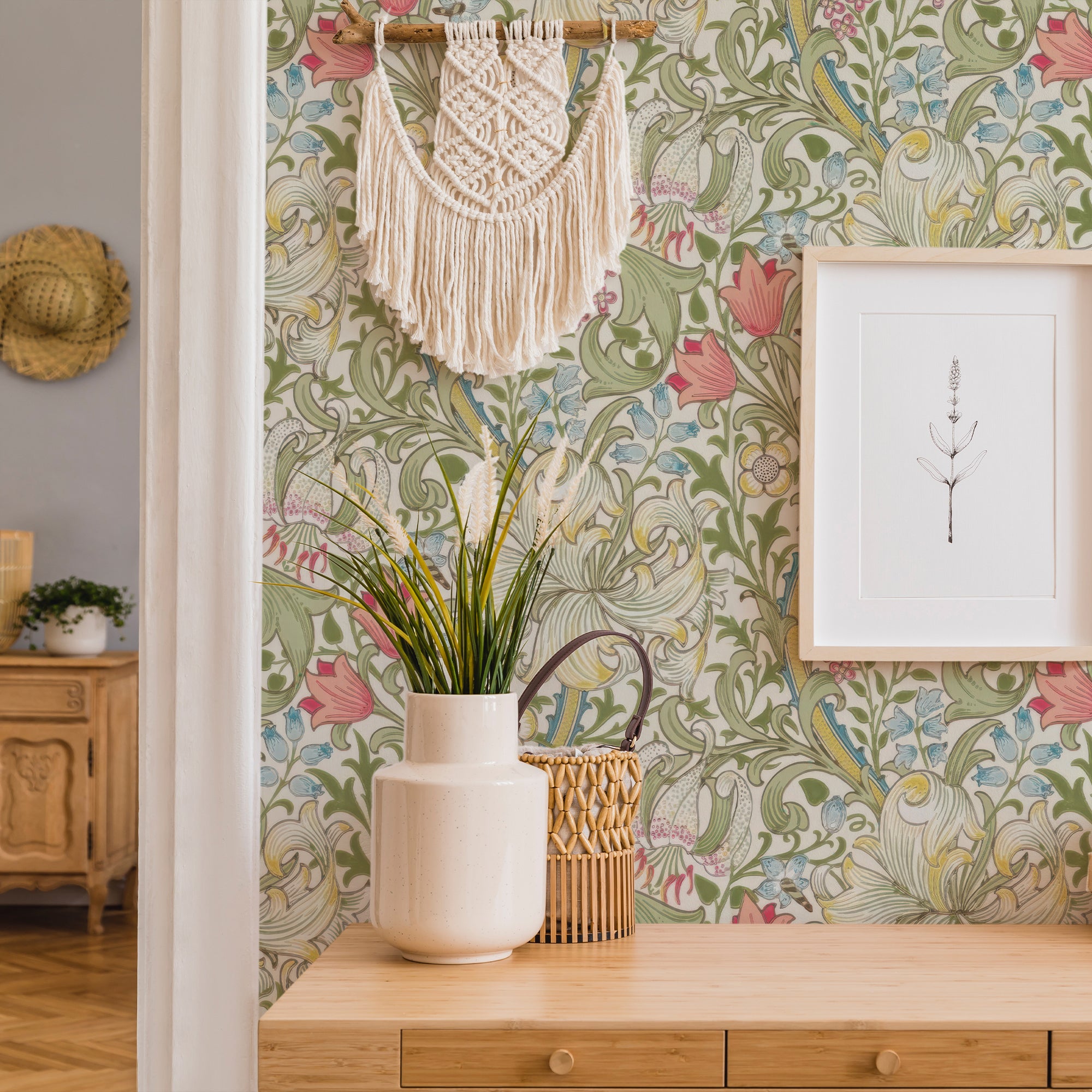 Golden Lily by William Morris Wallpaper - Navy & Gold Peel and Stick Botanical Mural - Clickwalls