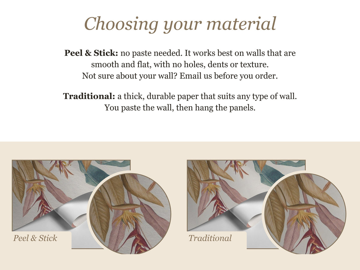 Choosing your material: Peel and Stick for smooth flat walls, or Traditional paste-the-wall paper for any wall