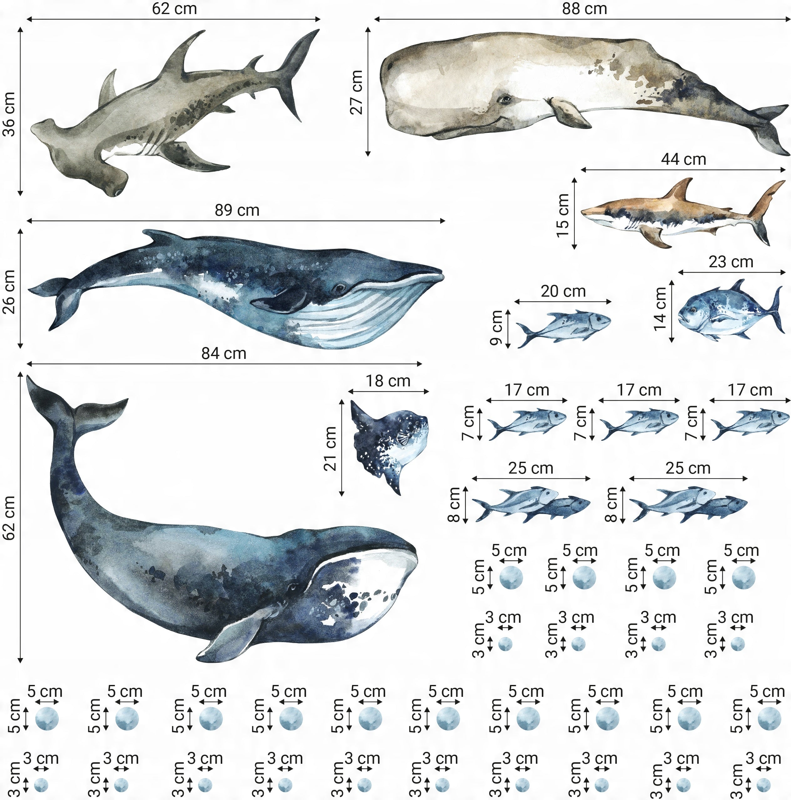 Sharks & Whales Decal Set - Sperm, Humpback, Blue, Hammerhead Shark + More - Watercolour Effect Stickers - Ocean Theme - Clickwalls