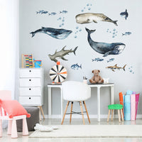 Sharks & Whales Decal Set - Sperm, Humpback, Blue, Hammerhead Shark + More - Watercolour Effect Stickers - Ocean Theme - Clickwalls