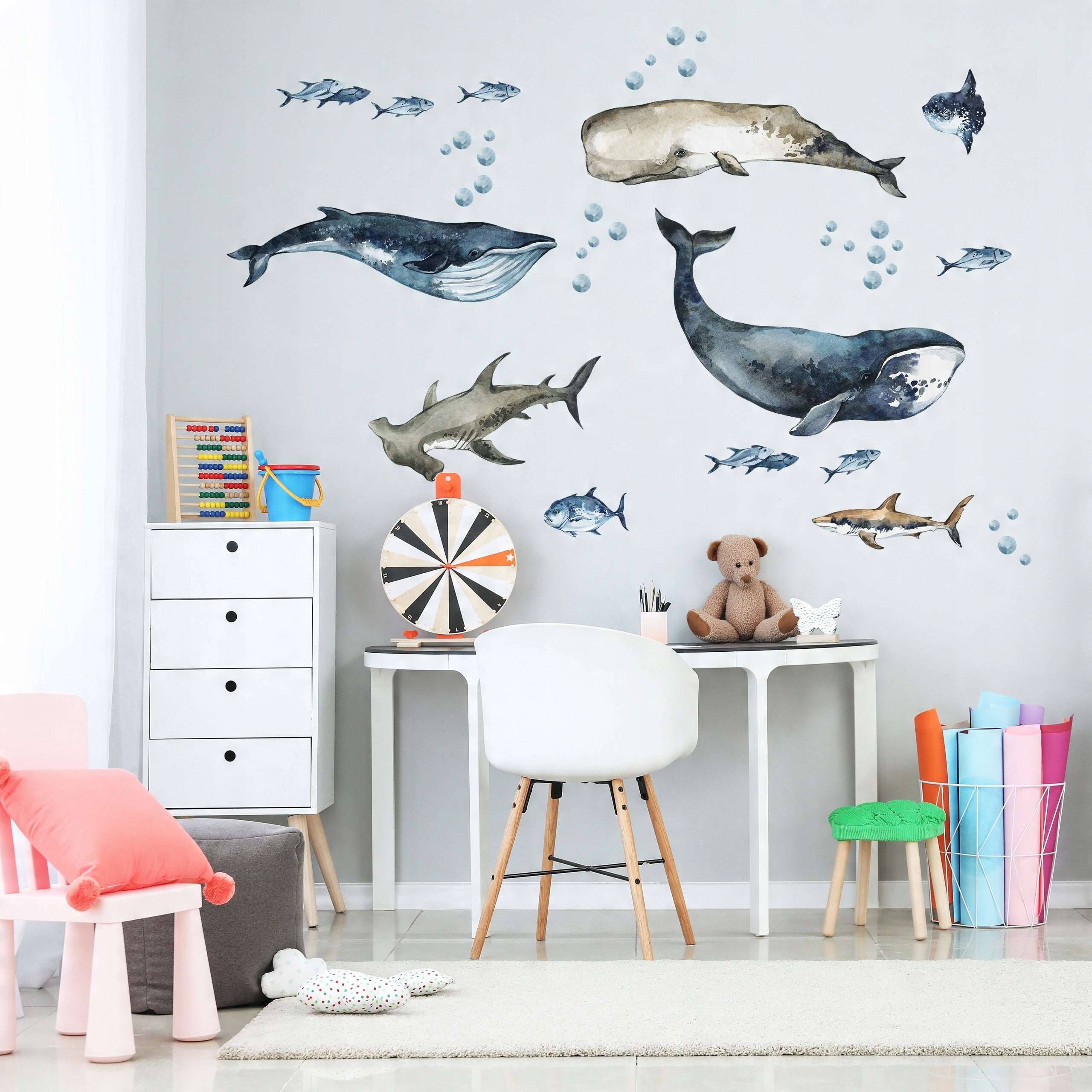 Sharks & Whales Decal Set - Sperm, Humpback, Blue, Hammerhead Shark + More - Watercolour Effect Stickers - Ocean Theme - Clickwalls