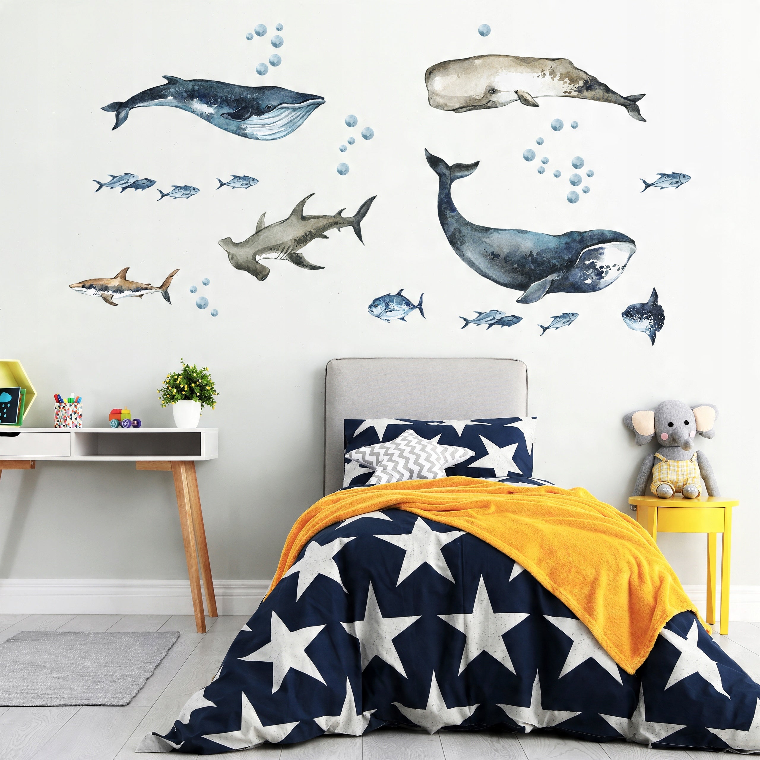 Sharks & Whales Decal Set - Sperm, Humpback, Blue, Hammerhead Shark + More - Watercolour Effect Stickers - Ocean Theme - Clickwalls