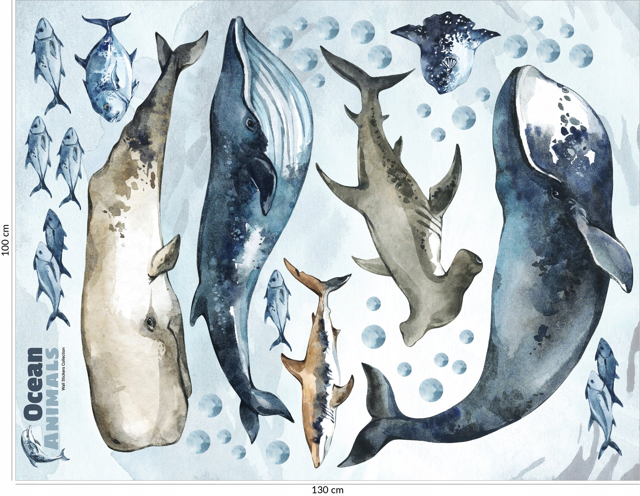 Sharks & Whales Decal Set - Sperm, Humpback, Blue, Hammerhead Shark + More - Watercolour Effect Stickers - Ocean Theme - Clickwalls