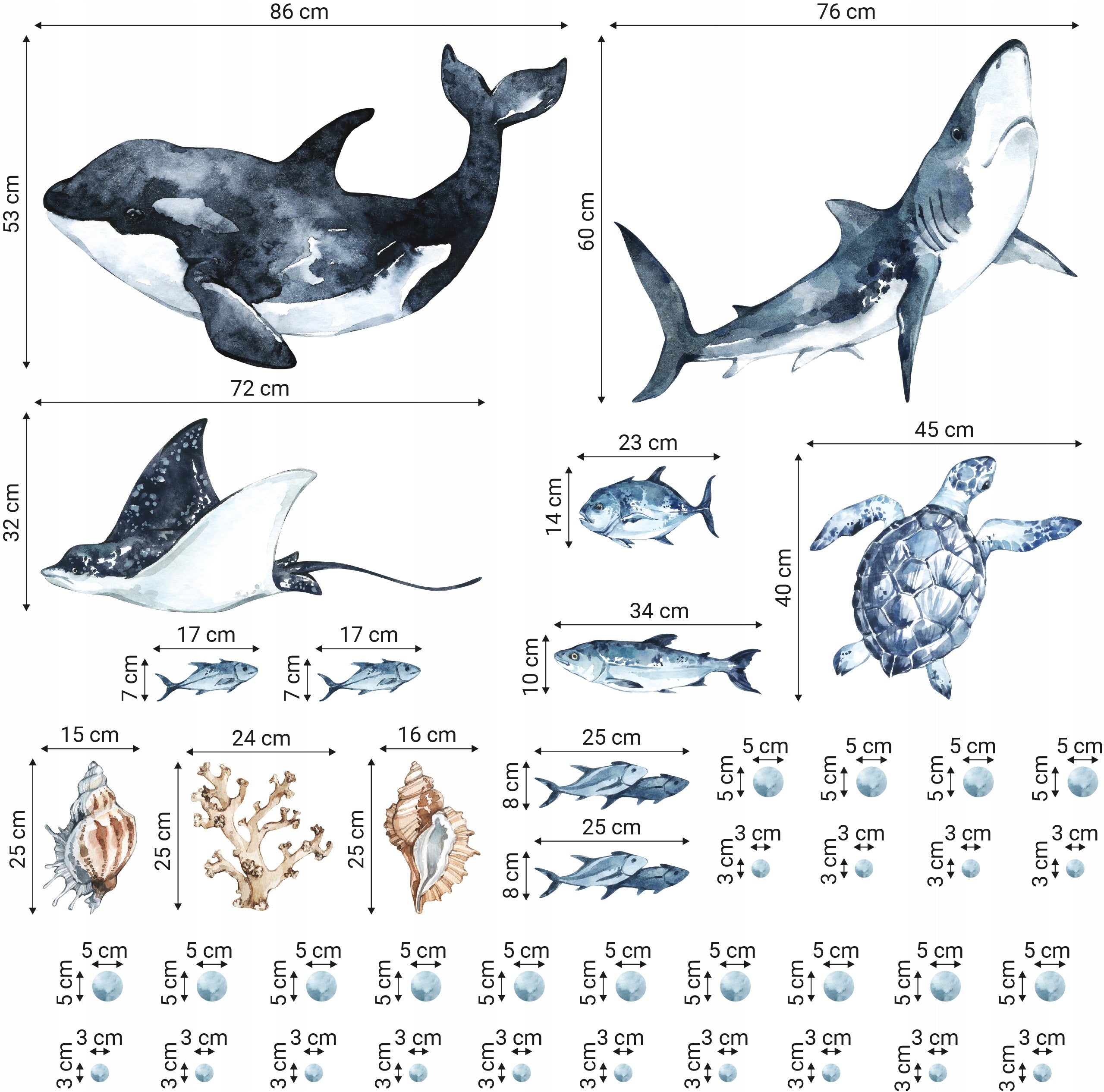 Ocean Predators Decal Set - Orca, Great White Shark, Stingray + More - Watercolour effect stickers - Clickwalls