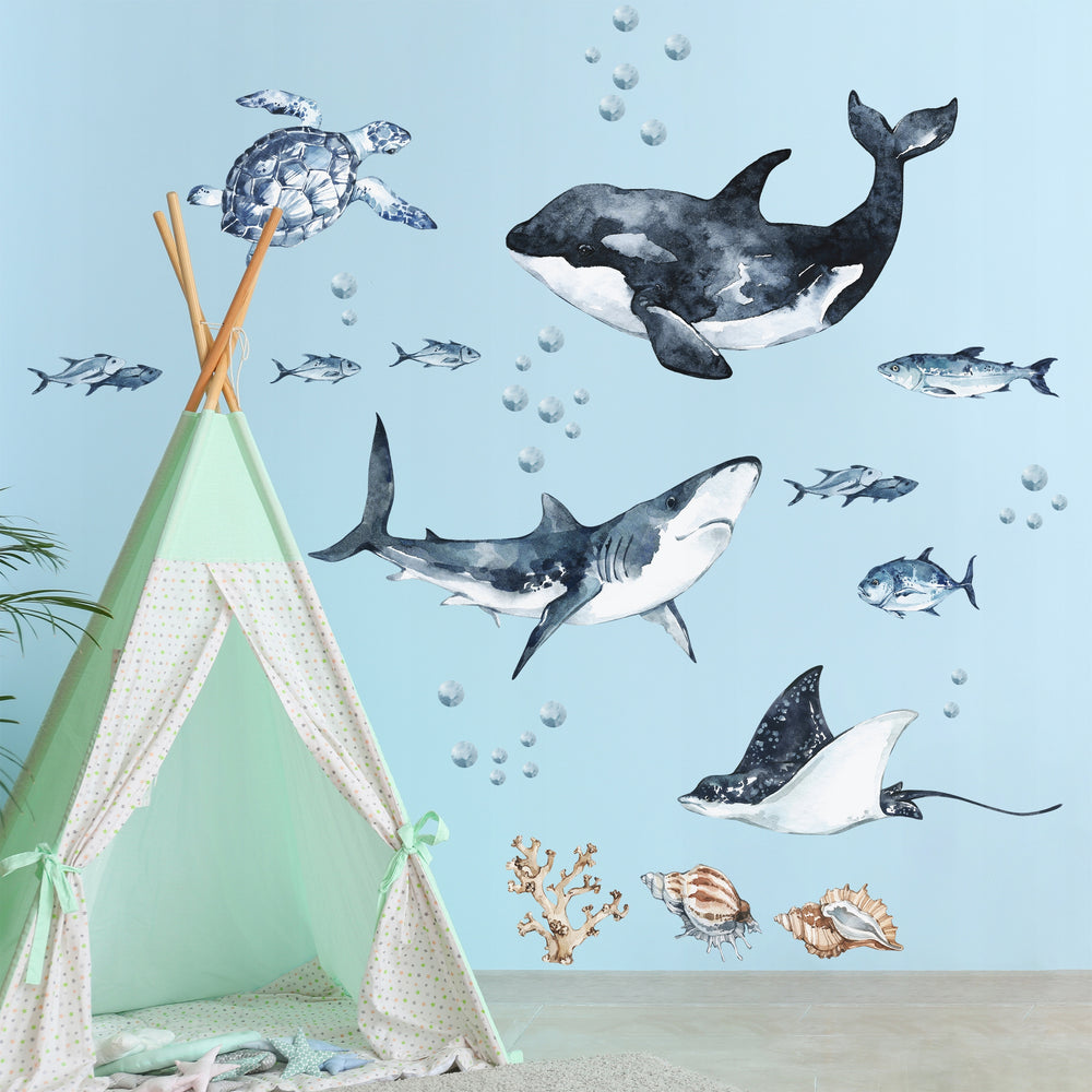 Ocean Predators Decal Set - Orca, Great White Shark, Stingray + More - Watercolour effect stickers - Clickwalls