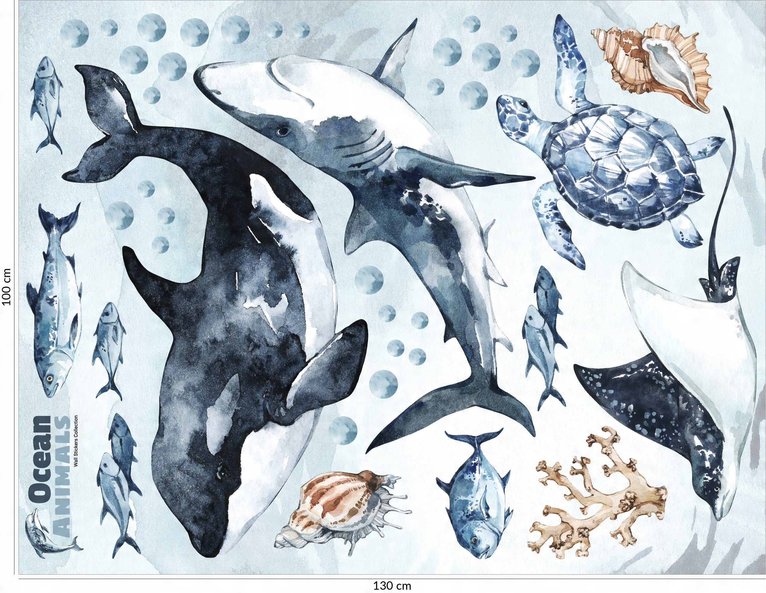 Ocean Predators Decal Set - Orca, Great White Shark, Stingray + More - Watercolour effect stickers - Clickwalls