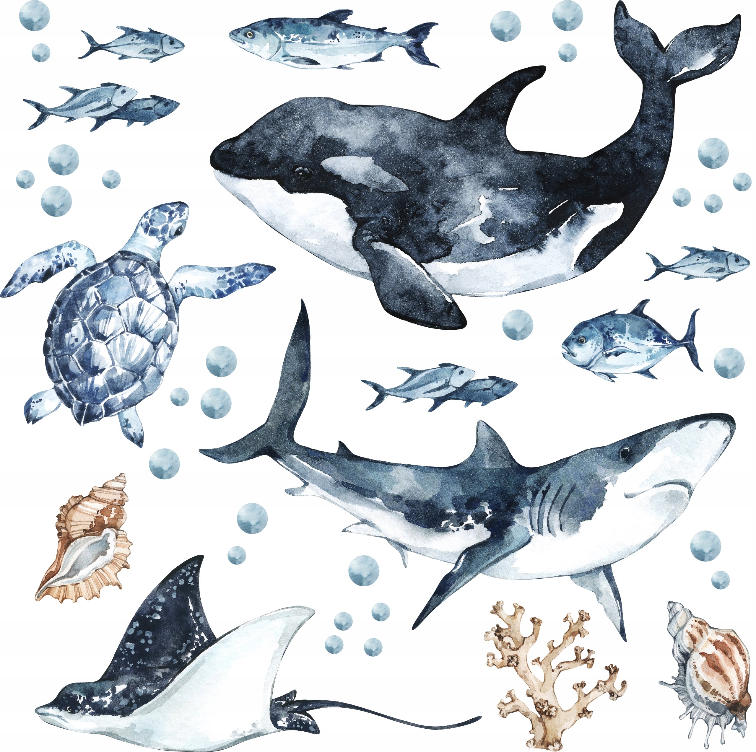 Ocean Predators Decal Set - Orca, Great White Shark, Stingray + More - Watercolour effect stickers - Clickwalls