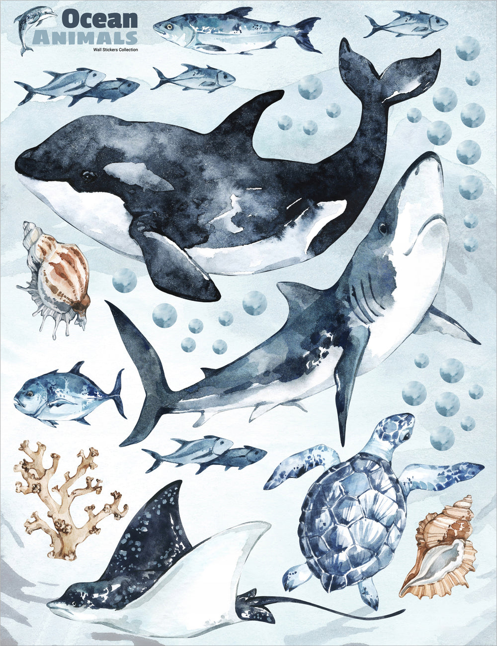 Ocean Predators Decal Set - Orca, Great White Shark, Stingray + More - Watercolour effect stickers - Clickwalls