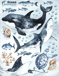 Ocean Predators Decal Set - Orca, Great White Shark, Stingray + More - Watercolour effect stickers - Clickwalls