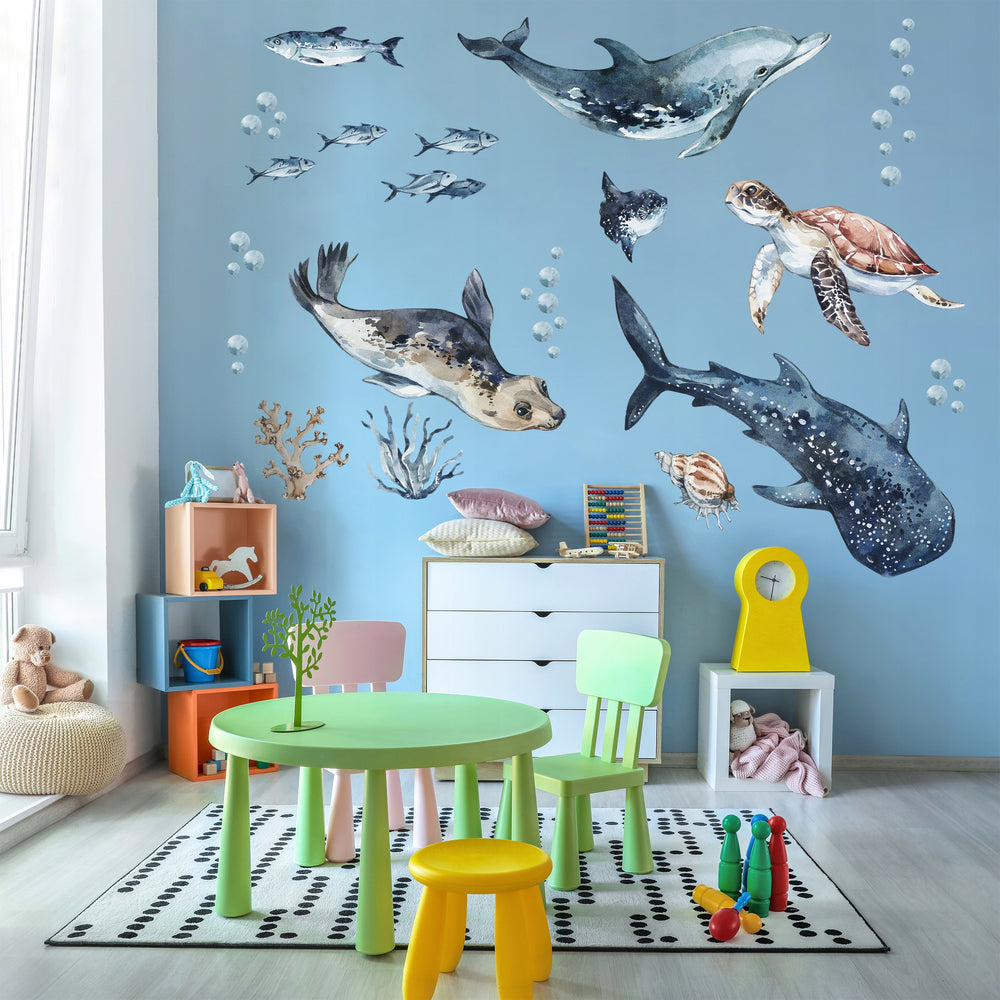 Sea Animals Variety Decal Set - Ocean Theme - Watercolour effect Dolphin, Shark, Turtle & Seal + more - Clickwalls