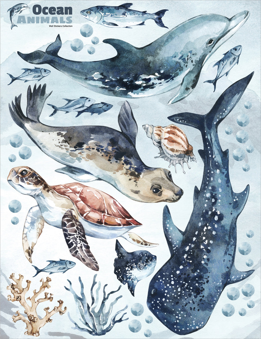 Sea Animals Variety Decal Set - Ocean Theme - Watercolour effect Dolphin, Shark, Turtle & Seal + more - Clickwalls