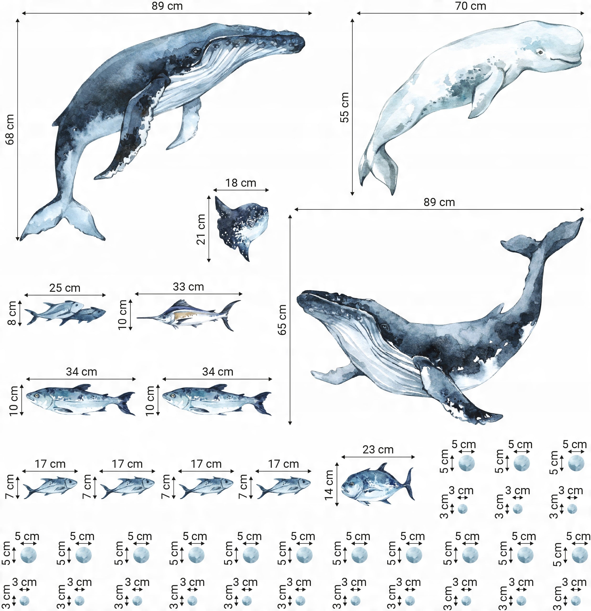 Whales & Fishes Decal Set - Ocean theme - Watercolour effect wall stickers - Clickwalls
