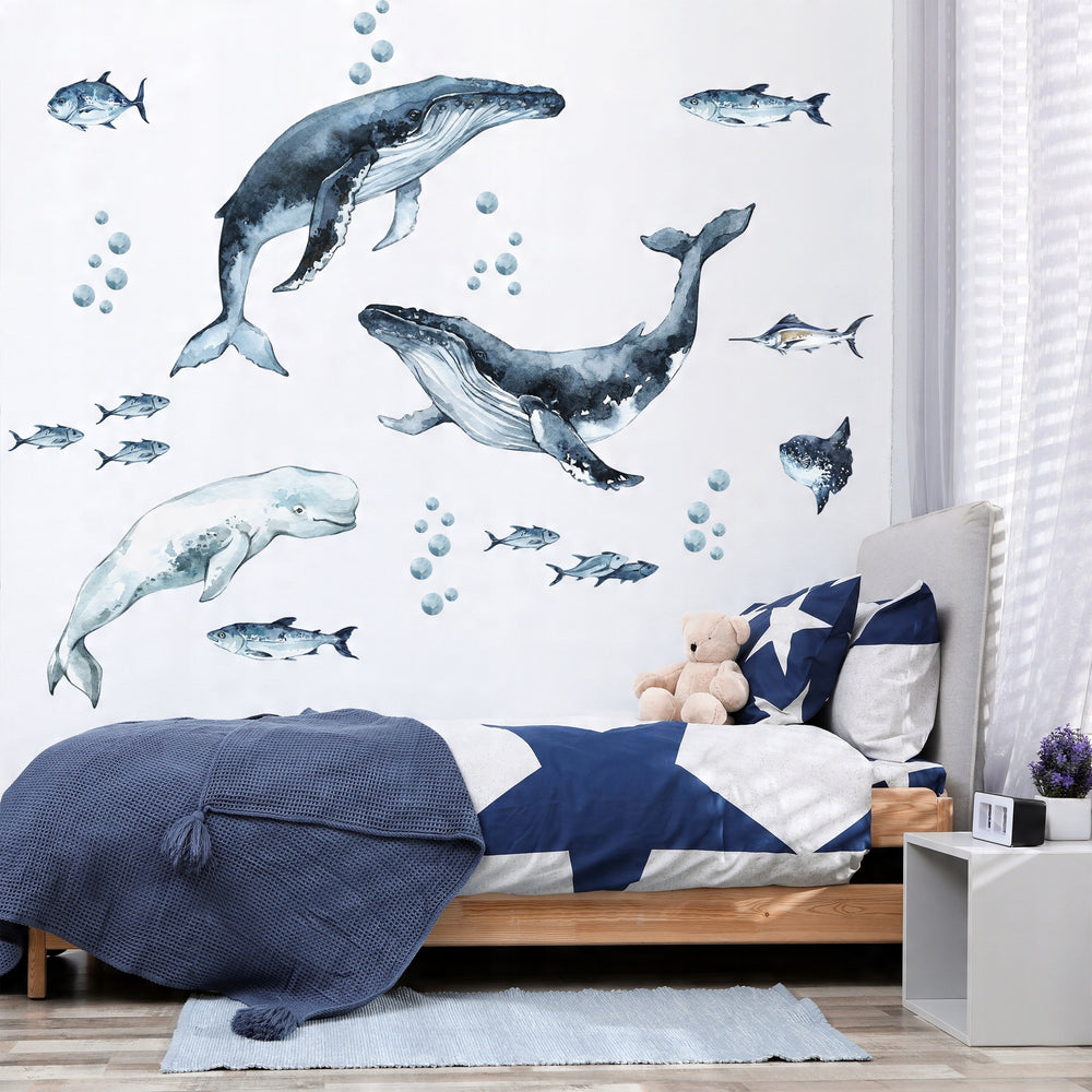 Whales & Fishes Decal Set - Ocean theme - Watercolour effect wall stickers - Clickwalls