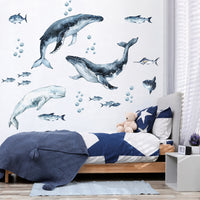 Whales & Fishes Decal Set - Ocean theme - Watercolour effect wall stickers - Clickwalls