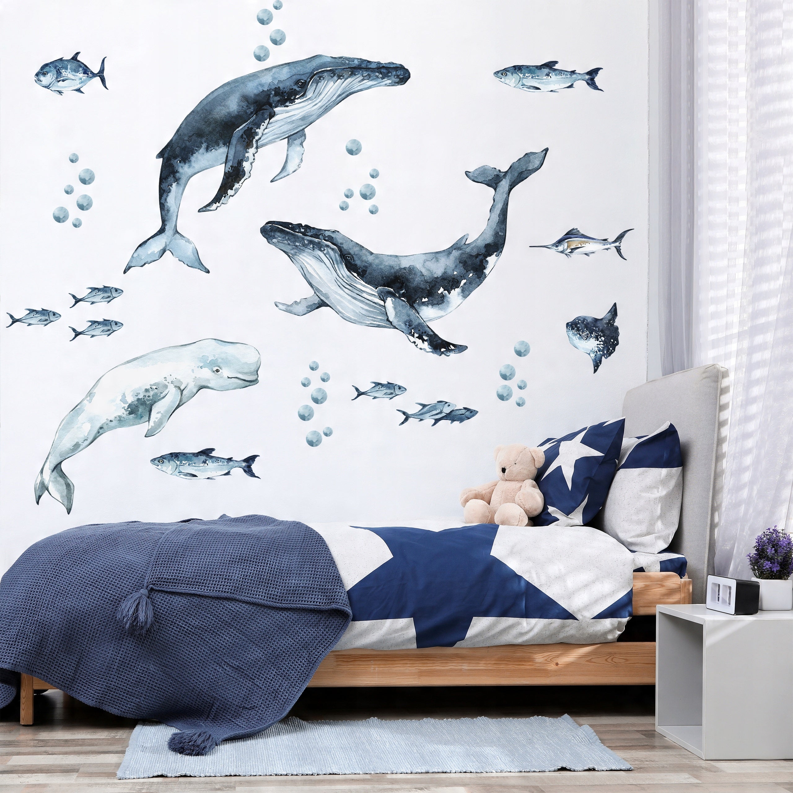 Whales & Fishes Decal Set - Ocean theme - Watercolour effect wall stickers - Clickwalls