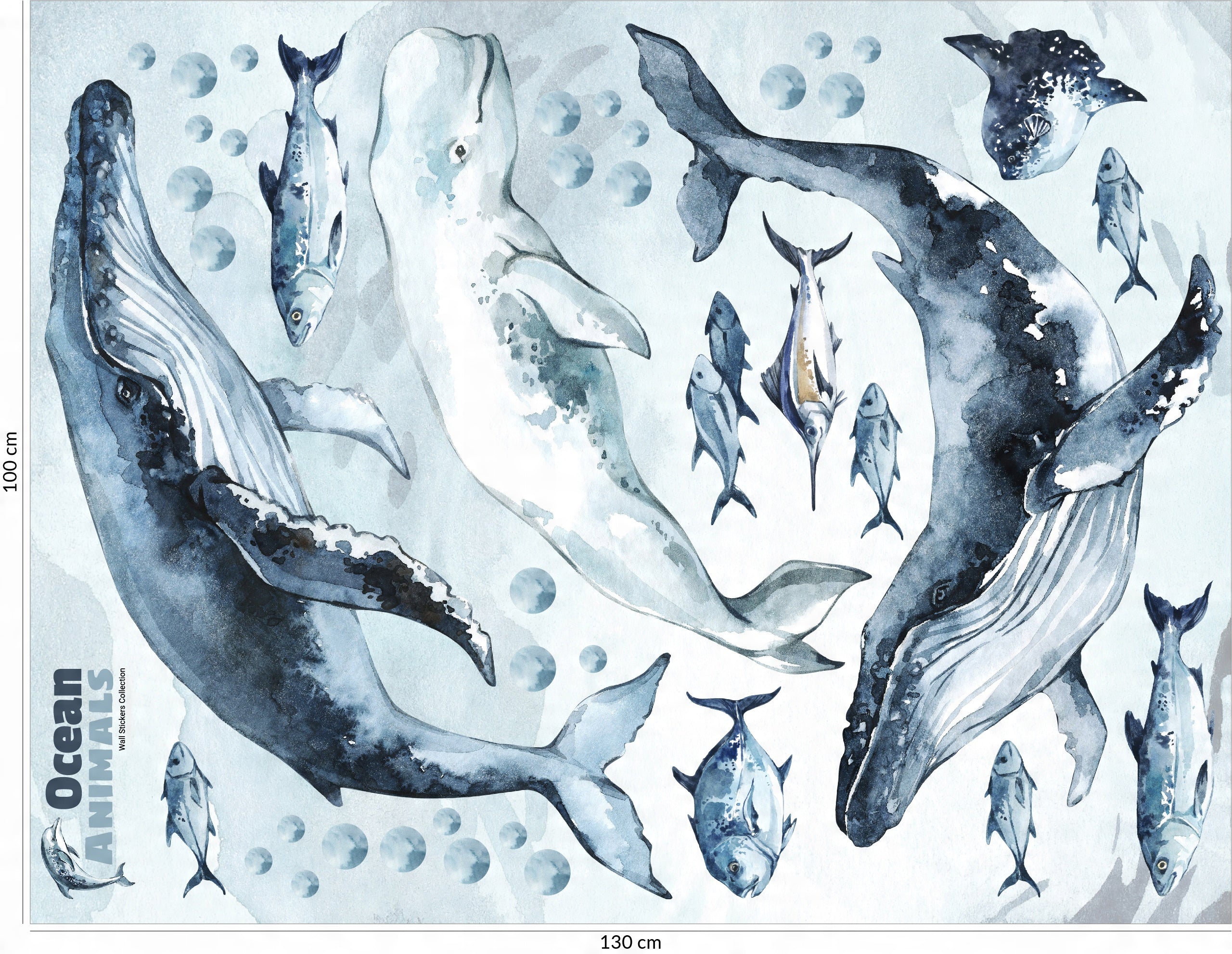 Whales & Fishes Decal Set - Ocean theme - Watercolour effect wall stickers - Clickwalls