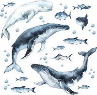 Whales & Fishes Decal Set - Ocean theme - Watercolour effect wall stickers - Clickwalls