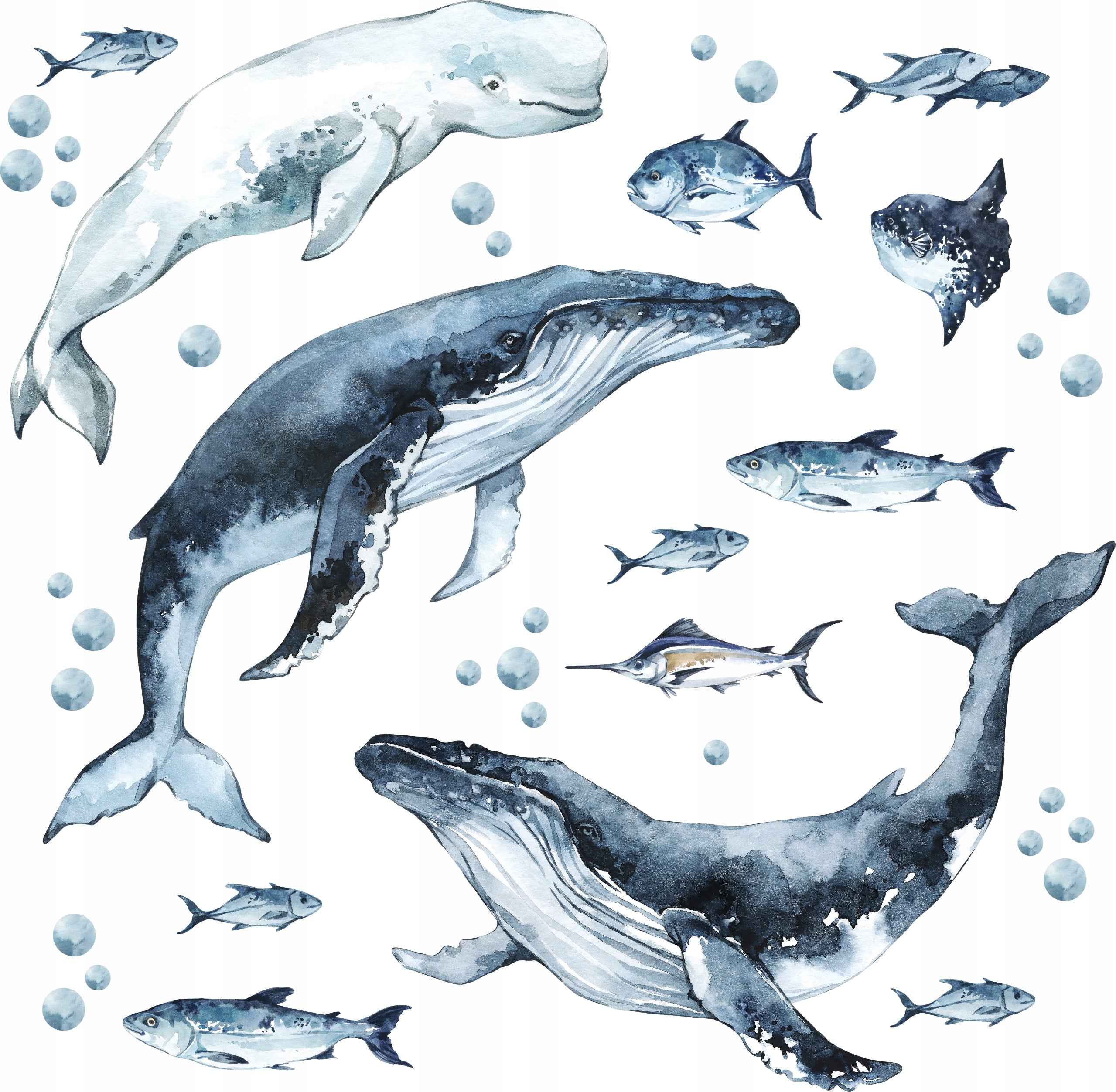 Whales & Fishes Decal Set - Ocean theme - Watercolour effect wall stickers - Clickwalls