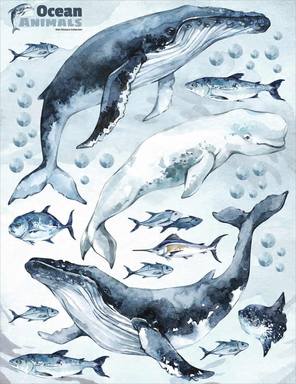 Whales & Fishes Decal Set - Ocean theme - Watercolour effect wall stickers - Clickwalls