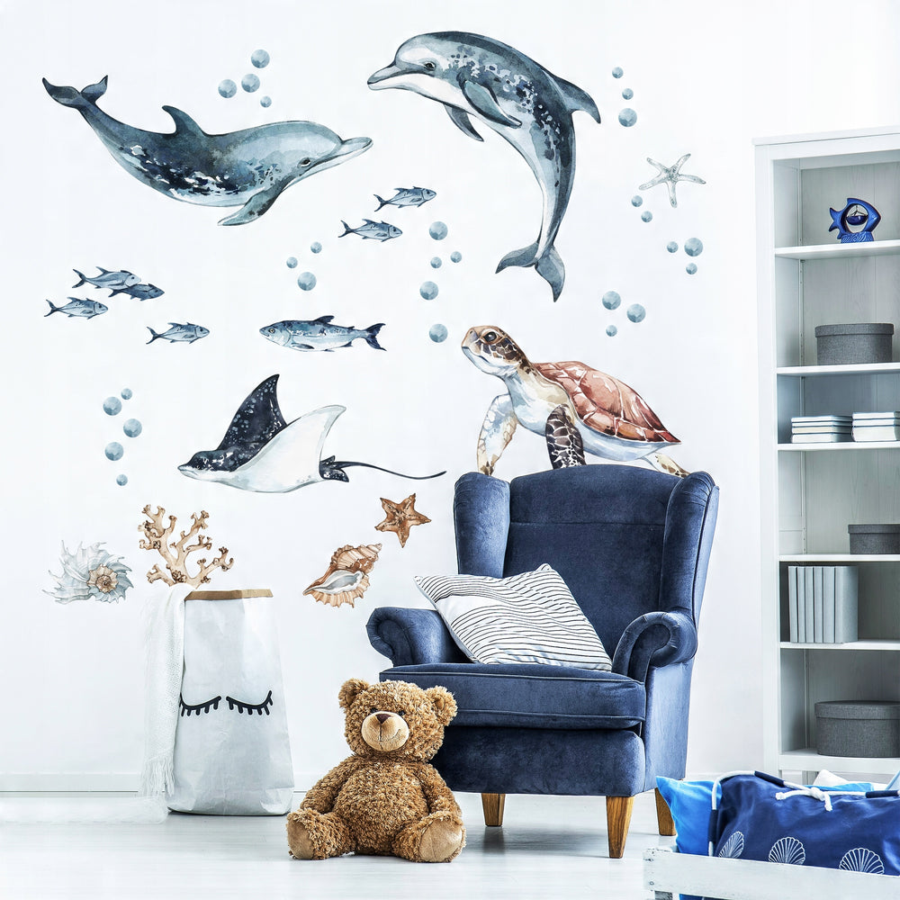 Dolphins & Turtle Decal Set - Ocean Theme - Watercolour Effect Stickers - Clickwalls