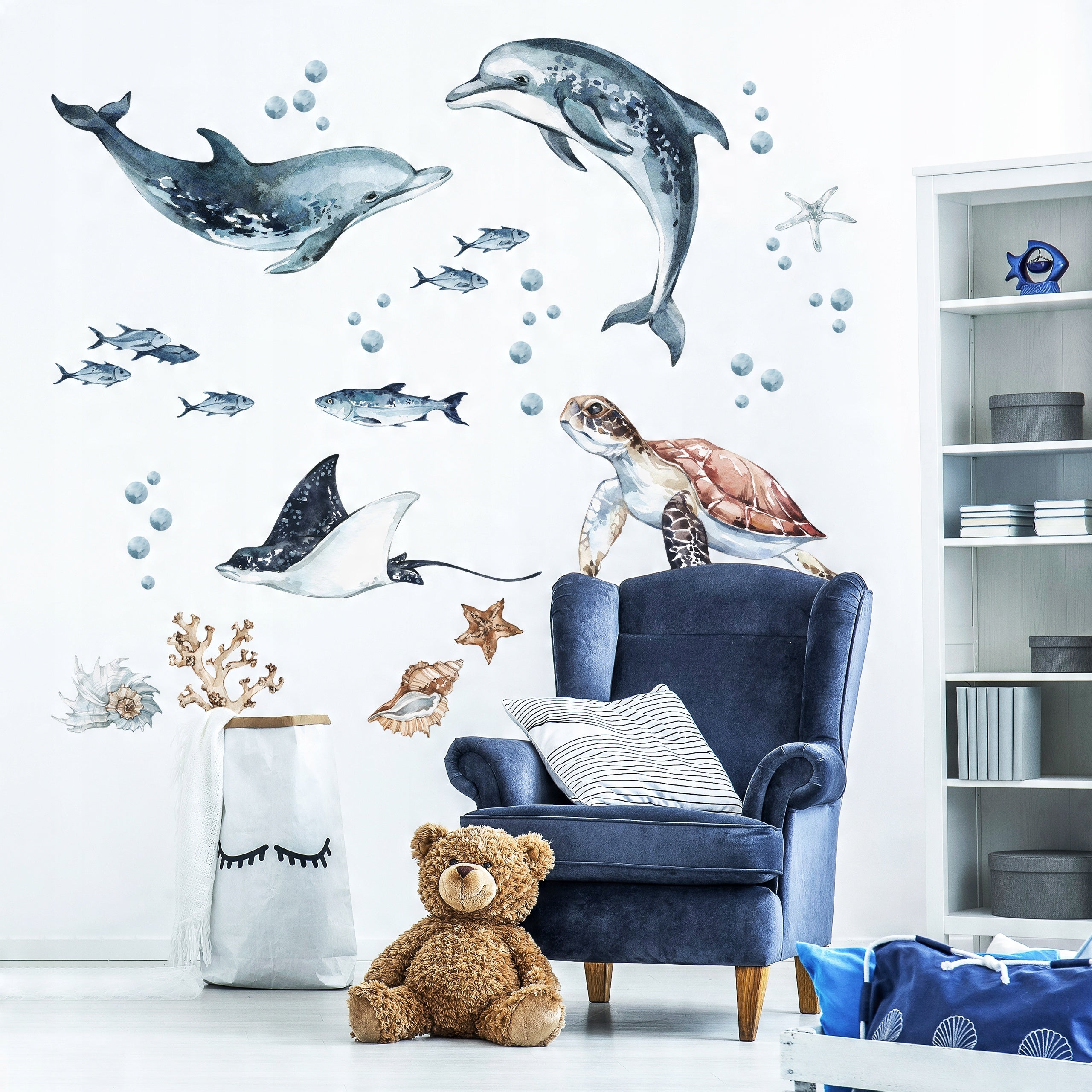 Dolphins & Turtle Decal Set - Ocean Theme - Watercolour Effect Stickers - Clickwalls
