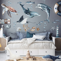 Dolphins & Turtle Decal Set - Ocean Theme - Watercolour Effect Stickers - Clickwalls