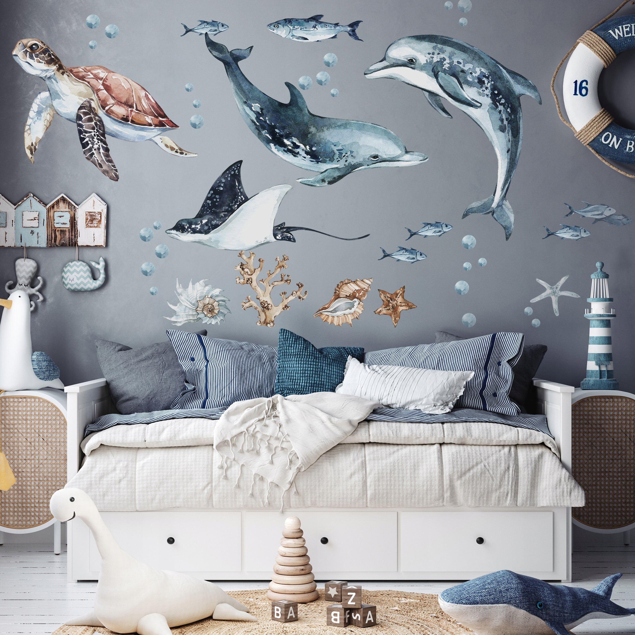 Dolphins & Turtle Decal Set - Ocean Theme - Watercolour Effect Stickers - Clickwalls