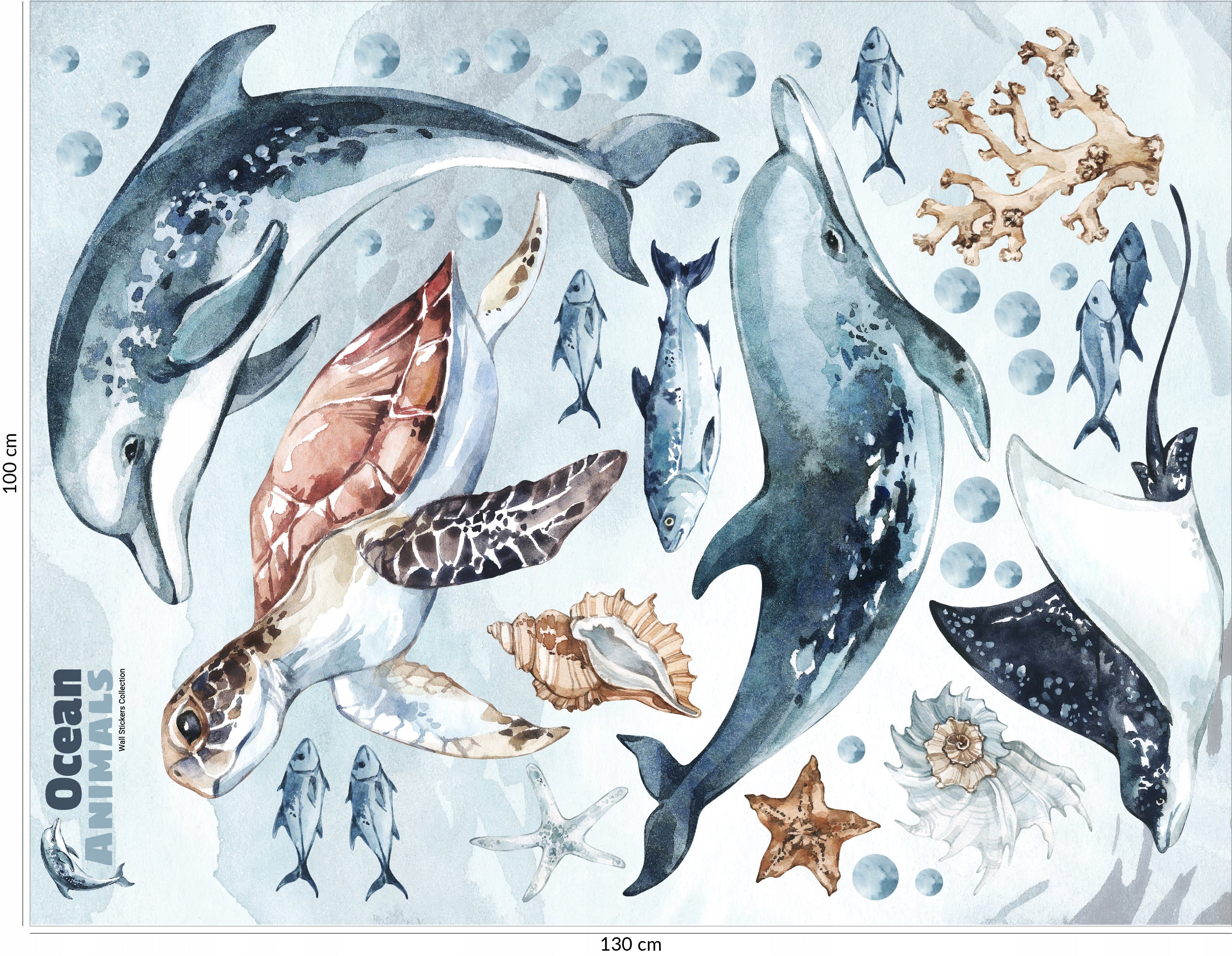 Dolphins & Turtle Decal Set - Ocean Theme - Watercolour Effect Stickers - Clickwalls