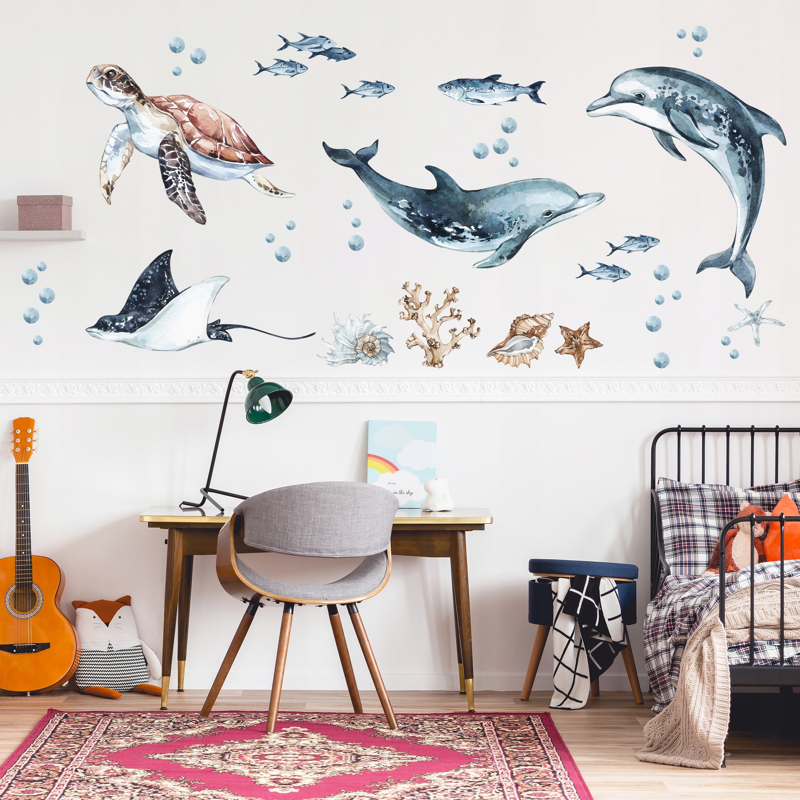 Dolphins & Turtle Decal Set - Ocean Theme - Watercolour Effect Stickers - Clickwalls