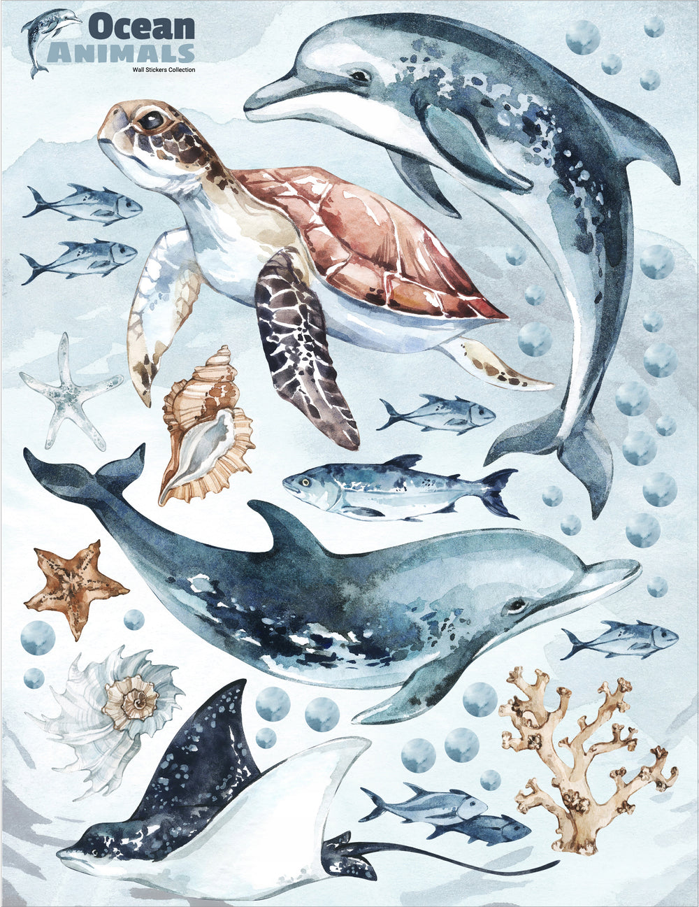 Dolphins & Turtle Decal Set - Ocean Theme - Watercolour Effect Stickers - Clickwalls