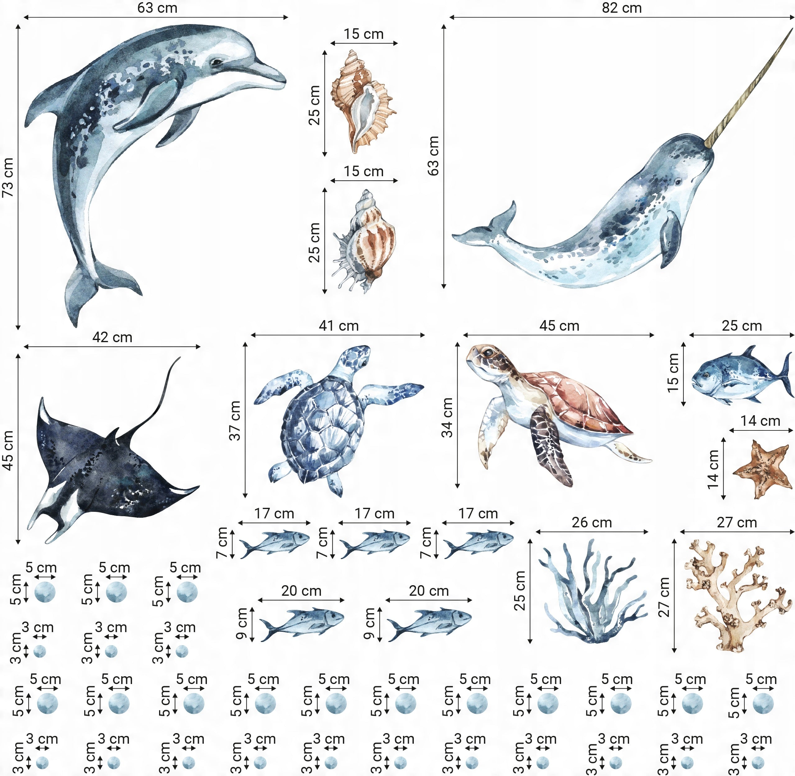 Ocean Decal Set - Dolphin, Narwhal, Stingray, Turtle + More - Watercolour Effect Stickers - Ocean Theme - Clickwalls