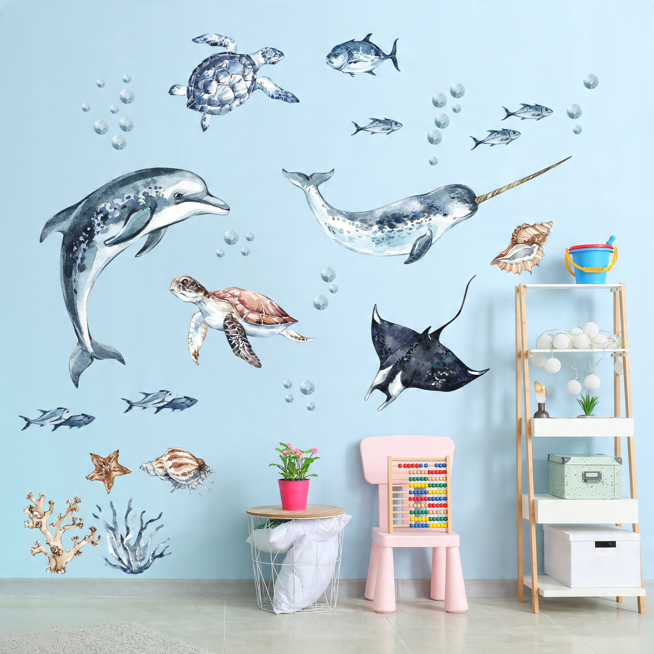 Ocean Decal Set - Dolphin, Narwhal, Stingray, Turtle + More - Watercolour Effect Stickers - Ocean Theme - Clickwalls