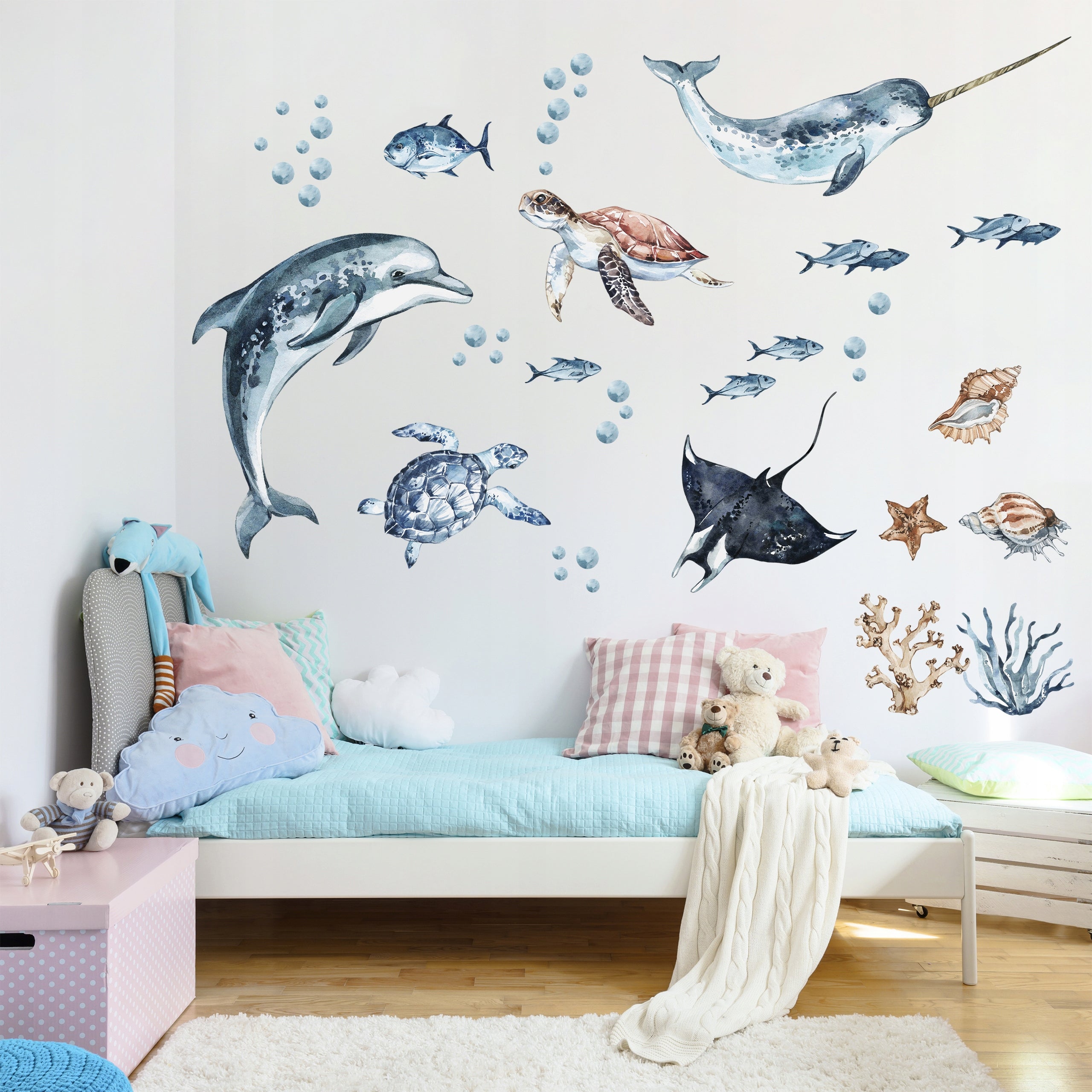 Ocean Decal Set - Dolphin, Narwhal, Stingray, Turtle + More - Watercolour Effect Stickers - Ocean Theme - Clickwalls