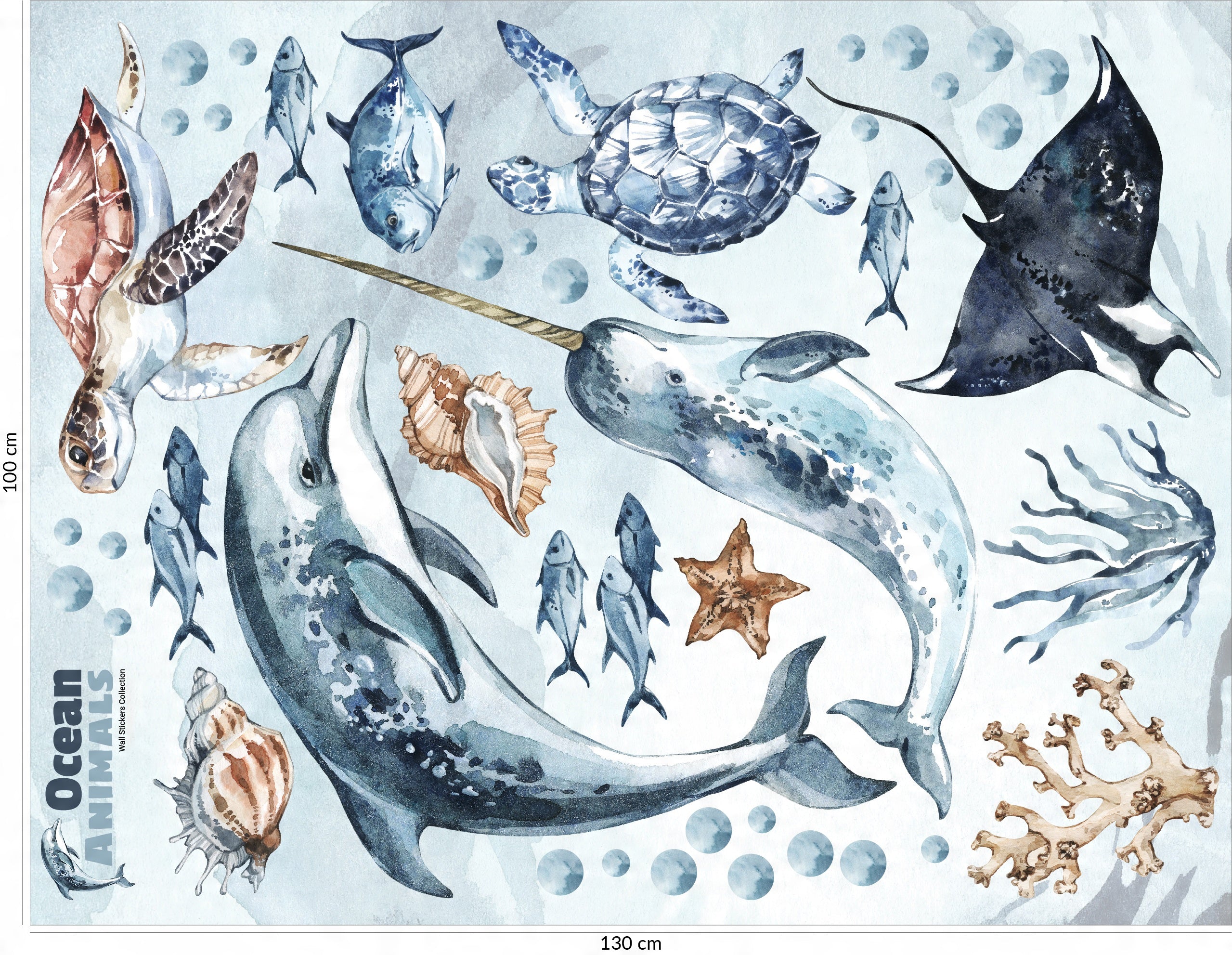 Ocean Decal Set - Dolphin, Narwhal, Stingray, Turtle + More - Watercolour Effect Stickers - Ocean Theme - Clickwalls