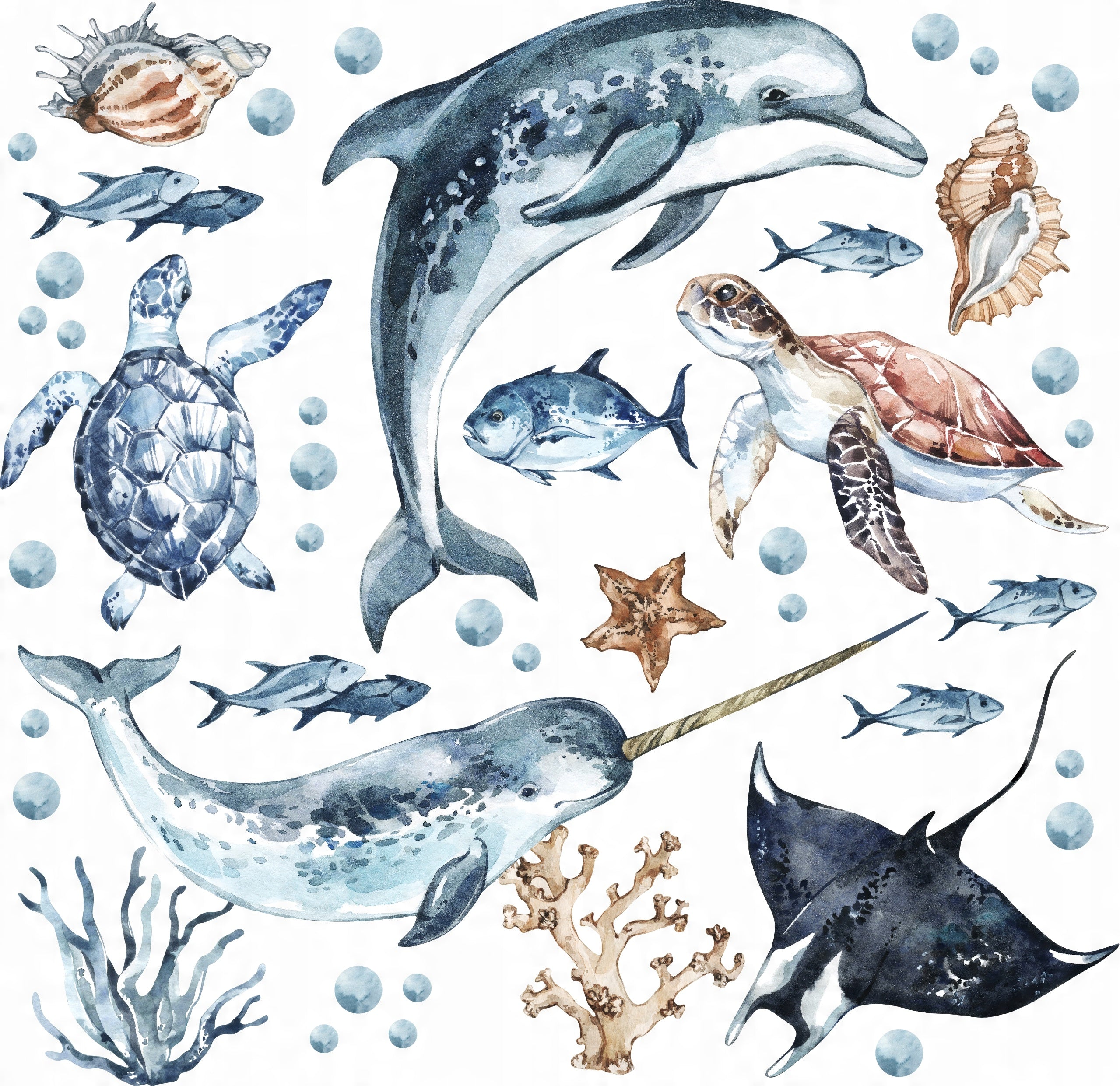 Ocean Decal Set - Dolphin, Narwhal, Stingray, Turtle + More - Watercolour Effect Stickers - Ocean Theme - Clickwalls
