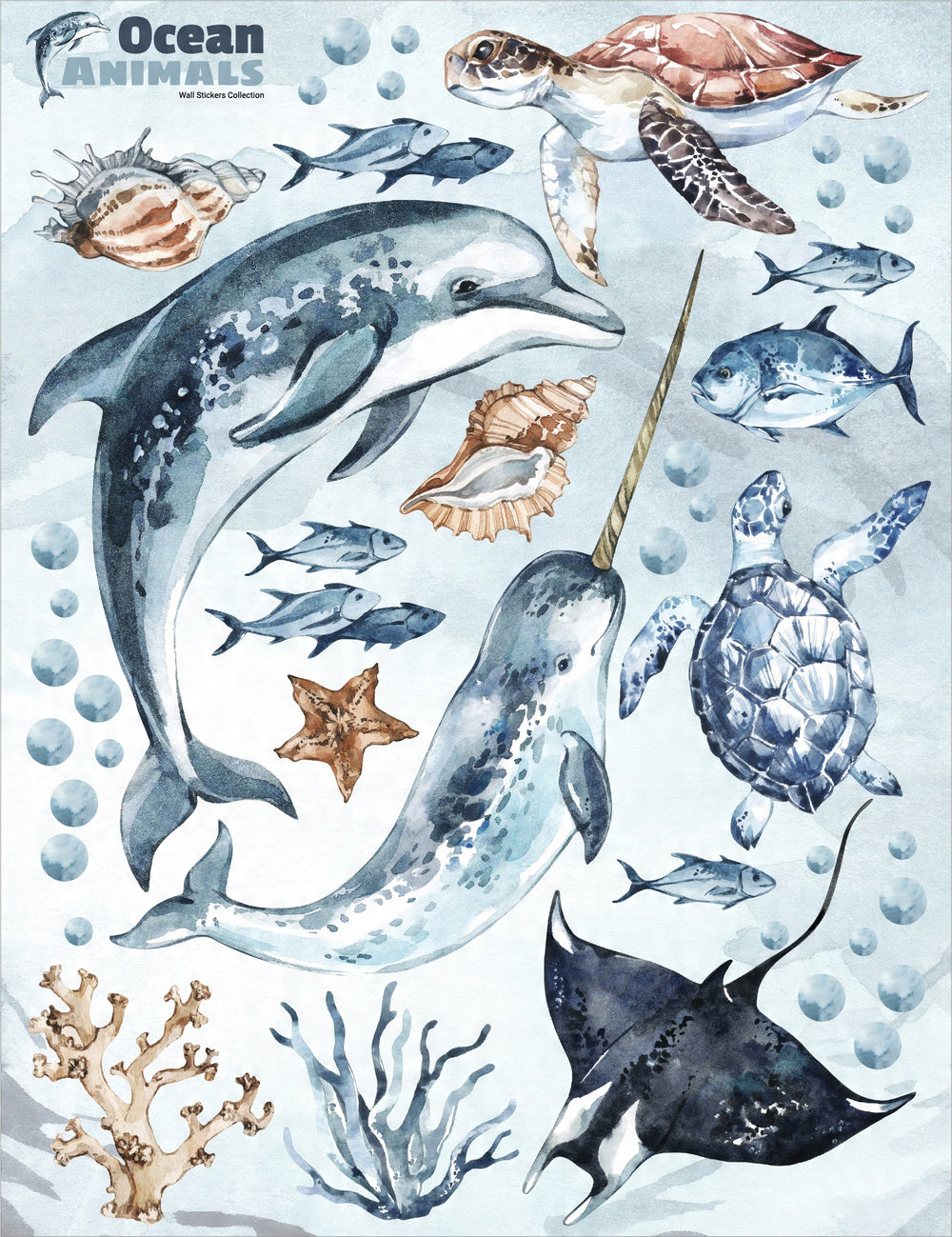Ocean Decal Set - Dolphin, Narwhal, Stingray, Turtle + More - Watercolour Effect Stickers - Ocean Theme - Clickwalls